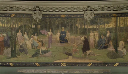 El bosque sagrado, mural alegórico en el Gran Anfiteatro de la Sorbona, detalle central: la Elocuencia, la Poesía, la Fuente vivificante y la Ciencia, 1887-89 (detalle de 88480)
